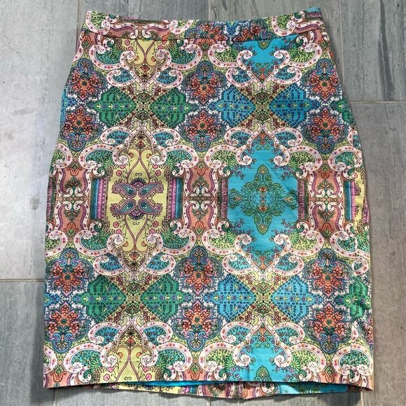 Charter Club Colorful Print Pencil Mini Skirt w/ Pockets Blue Pink Size 6P - Picture 1 of 7